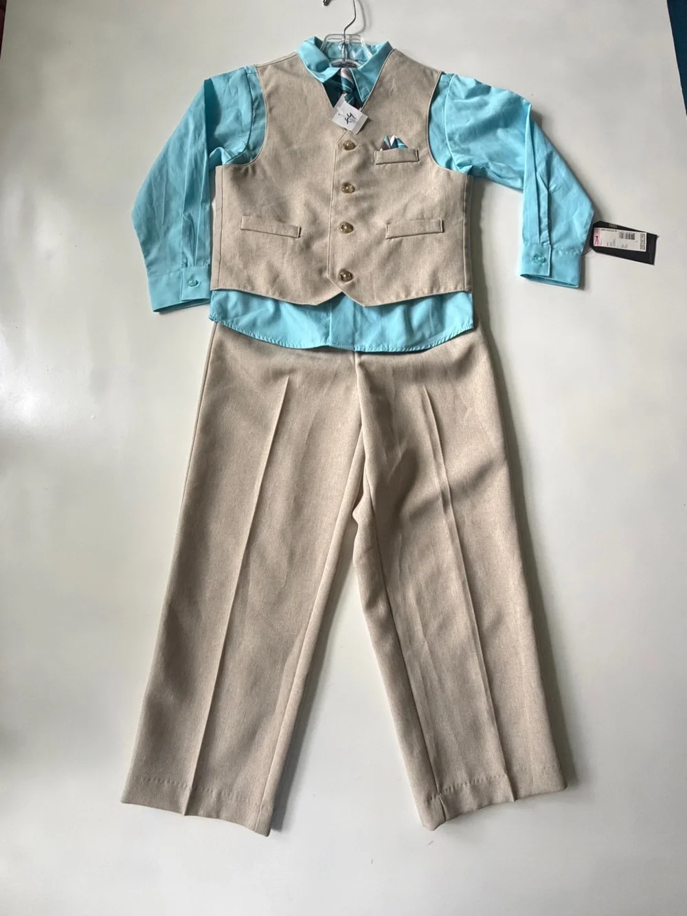 Dockers Boys 4 Piece Suit Set, Pants/Shirt/Vest/Tie Aqua, Grey‎ - 7